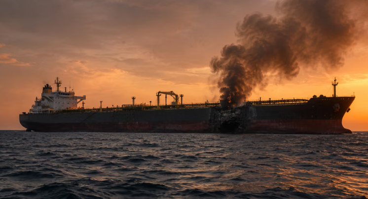 Oil tanker damaged by fire at sea