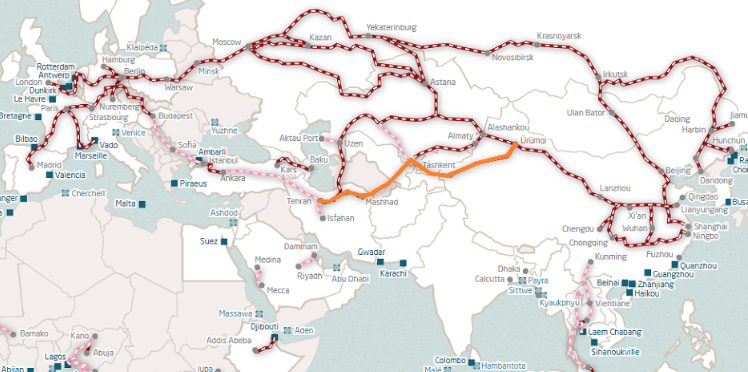 Map of transport corridors connecting Asia, the Caspian region and Europe