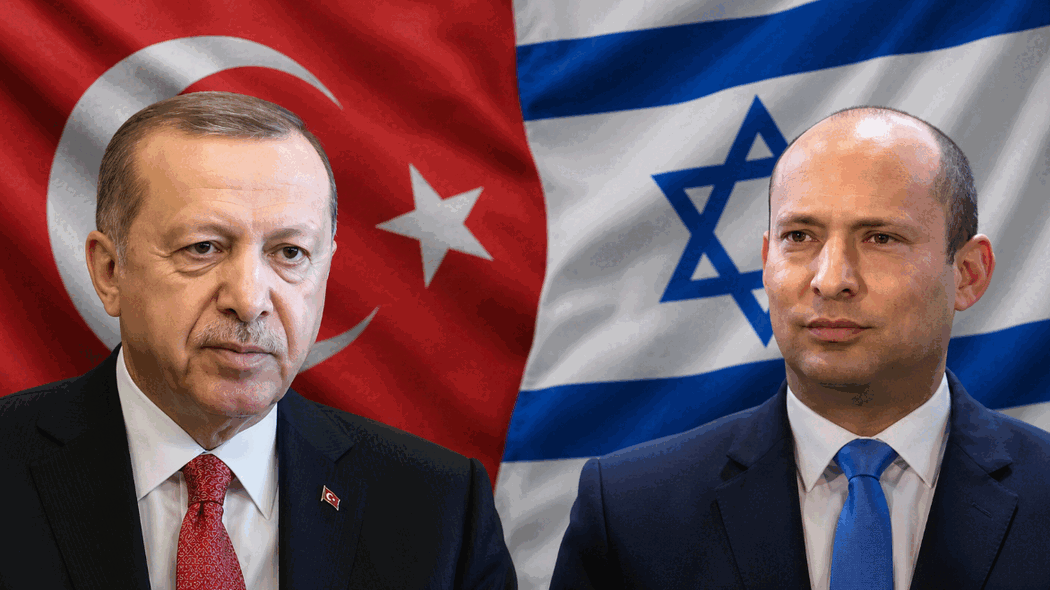 Recep Tayyip Erdoğan and Naftali Bennett against Turkish and Israeli flags