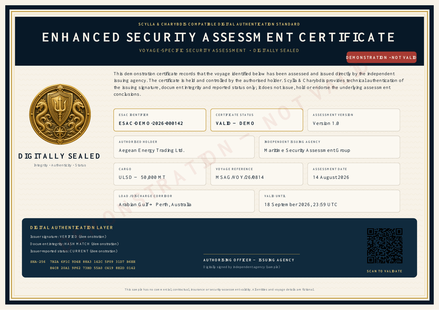 High-resolution demonstration Enhanced Security Assessment Certificate with a detailed gold emblem, navy and gold border, sample voyage record and demonstration not valid marking.
